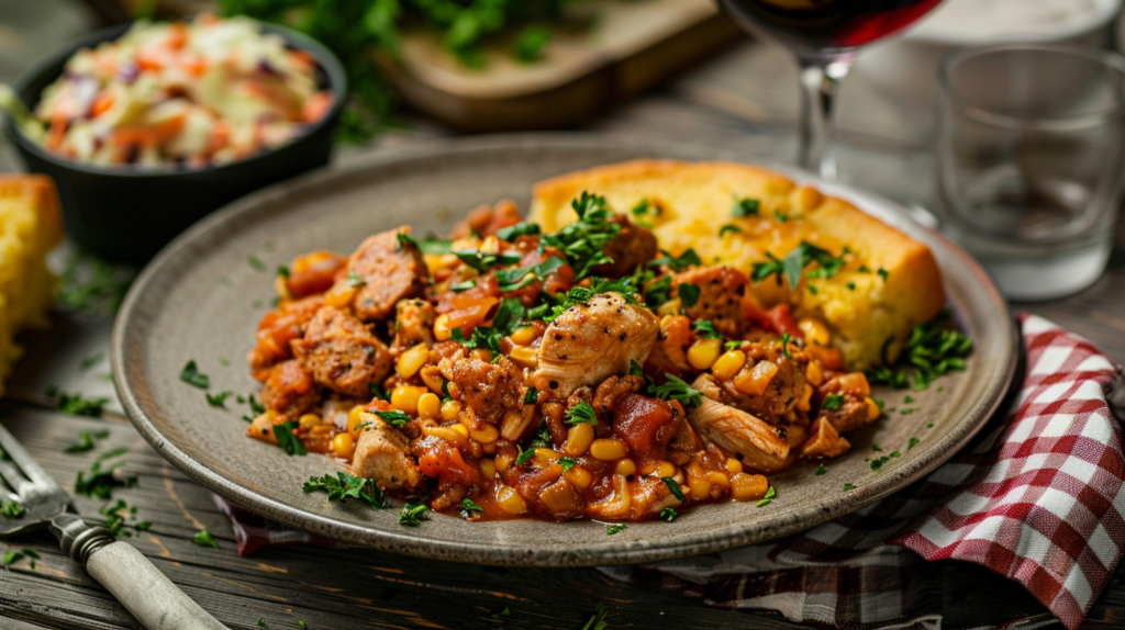 A plated serving of chicken and chorizo jambalaya with cornbread and Cajun coleslaw, garnished with fresh parsley.