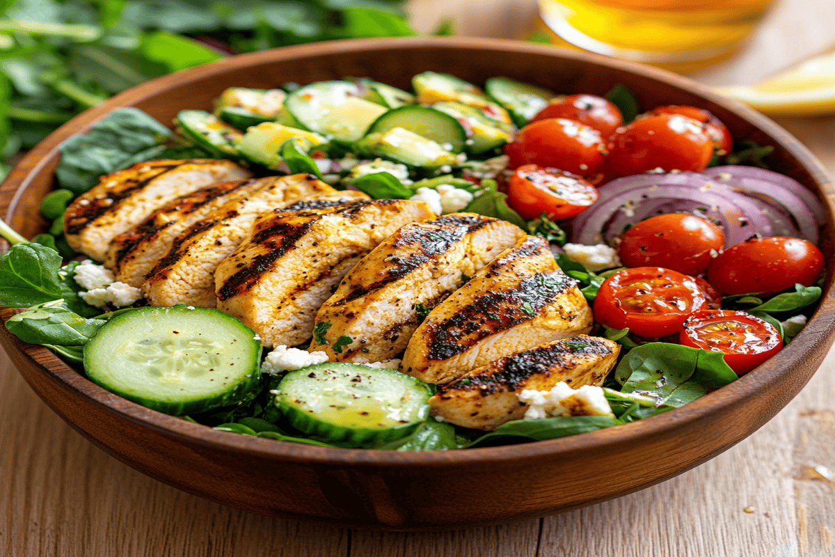 A vibrant grilled chicken salad with juicy chicken slices, fresh greens, cherry tomatoes, cucumbers, avocado, and crumbled feta cheese in a rustic wooden bowl.