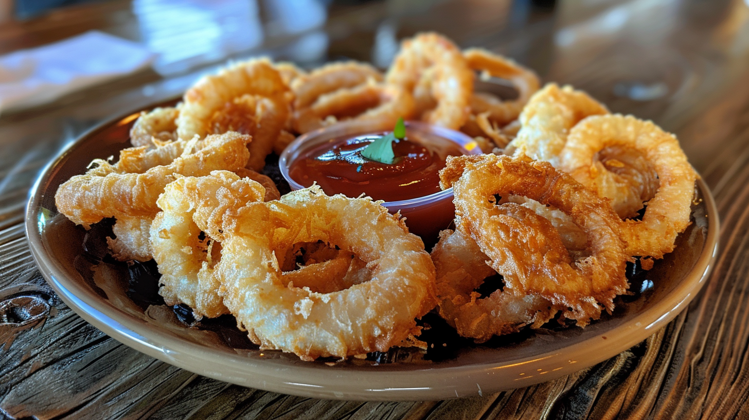 A close-up of crispy golden onion rings stacked on a plate with small bowls of ketchup and ranch dipping sauce on the side. The rings are coated in a crunchy batter, served on a rustic wooden table.