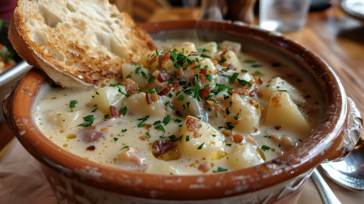 A steaming bowl of New England clam chowder, garnished with parsley and bacon, served with sourdough bread in a cozy seafood restaurant