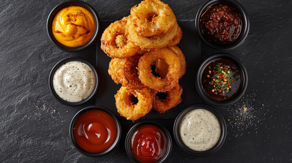 A plate of crispy onion rings arranged with small bowls of ketchup, honey mustard, chipotle aioli, and garlic parmesan sauce. The dark slate background creates a stylish contrast.