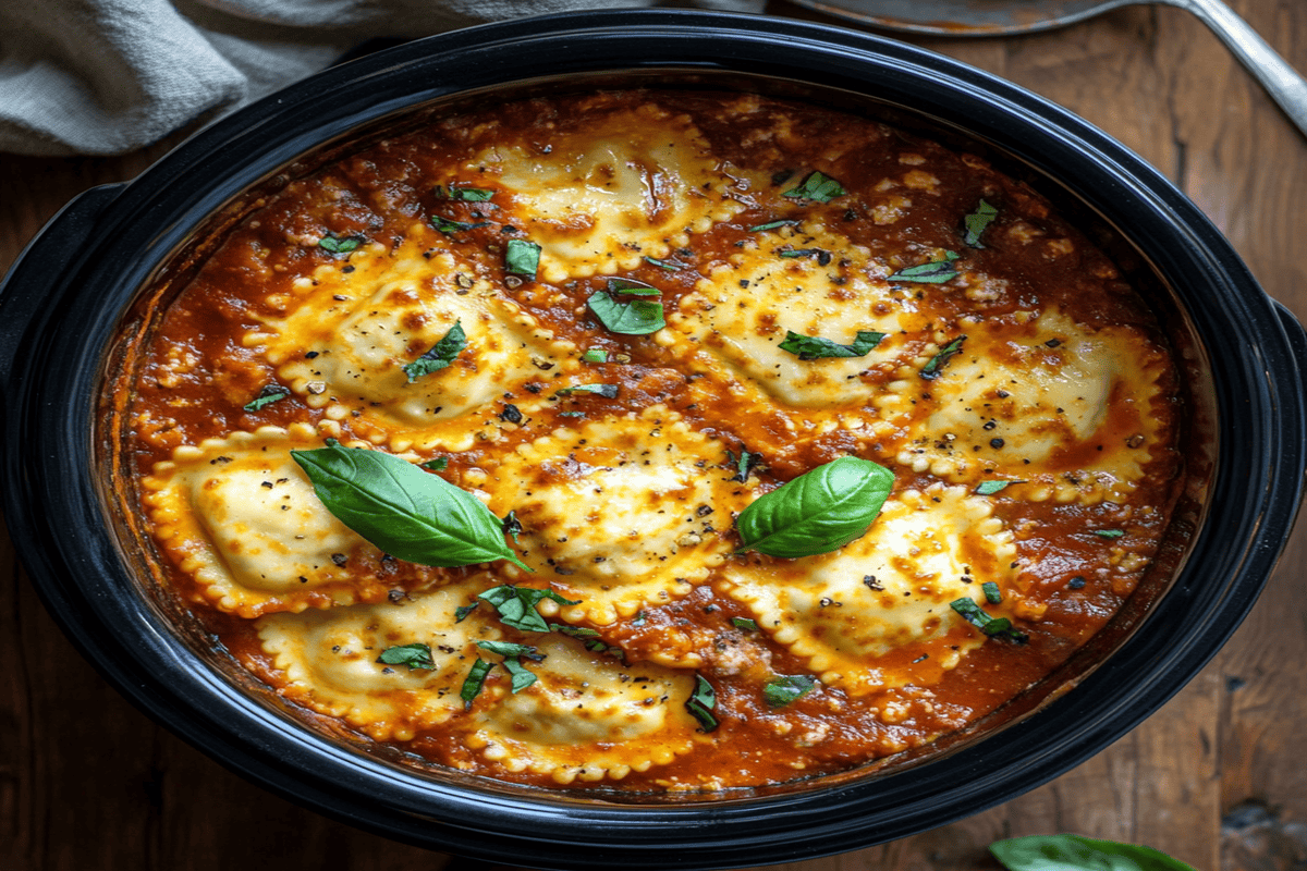 Freshly cooked Crockpot Ravioli Lasagna in a slow cooker with golden melted cheese and basil garnish.