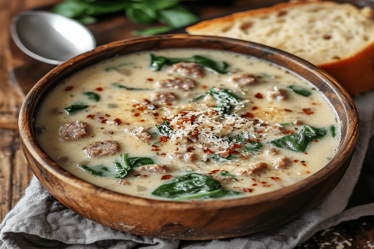 Steaming bowl of creamy Parmesan Italian sausage soup garnished with spinach and Parmesan, served with garlic bread.