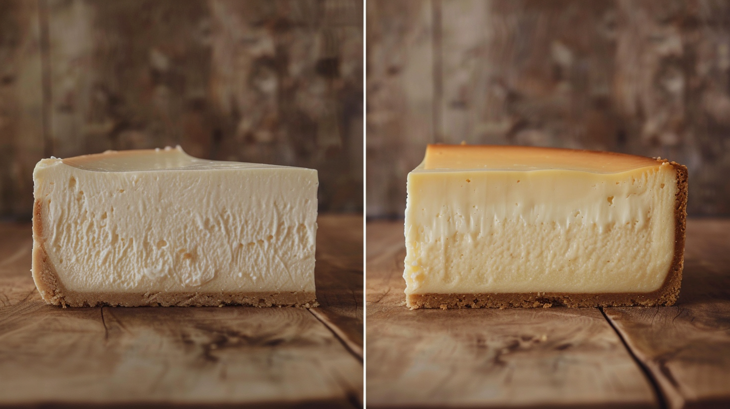 Side-by-side comparison of a New York cheesecake and a regular cheesecake, showing differences in texture, crust, and density.