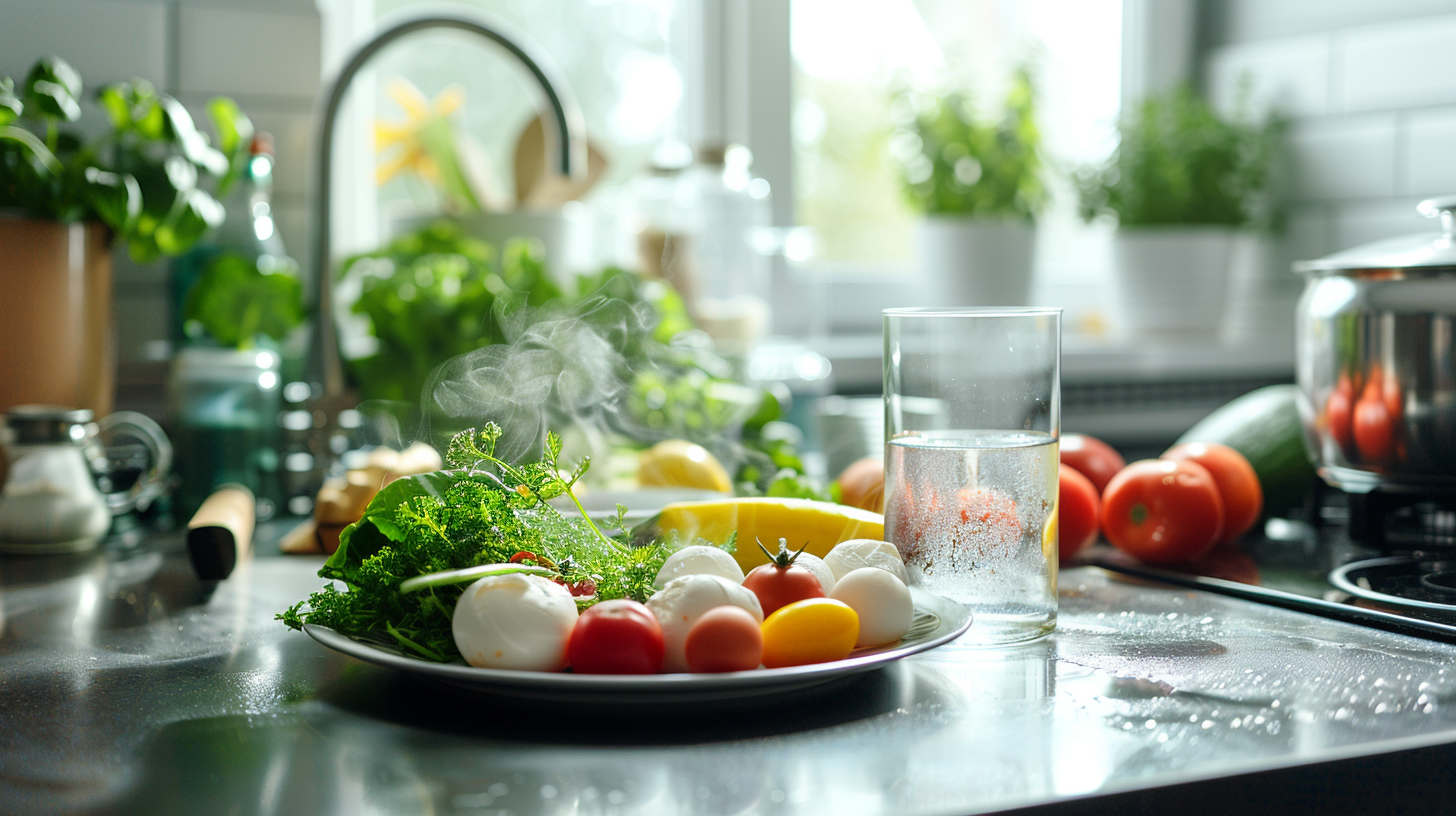 A plate with poached and boiled eggs alongside fresh vegetables, highlighting the healthiest ways to cook eggs while retaining nutrients.