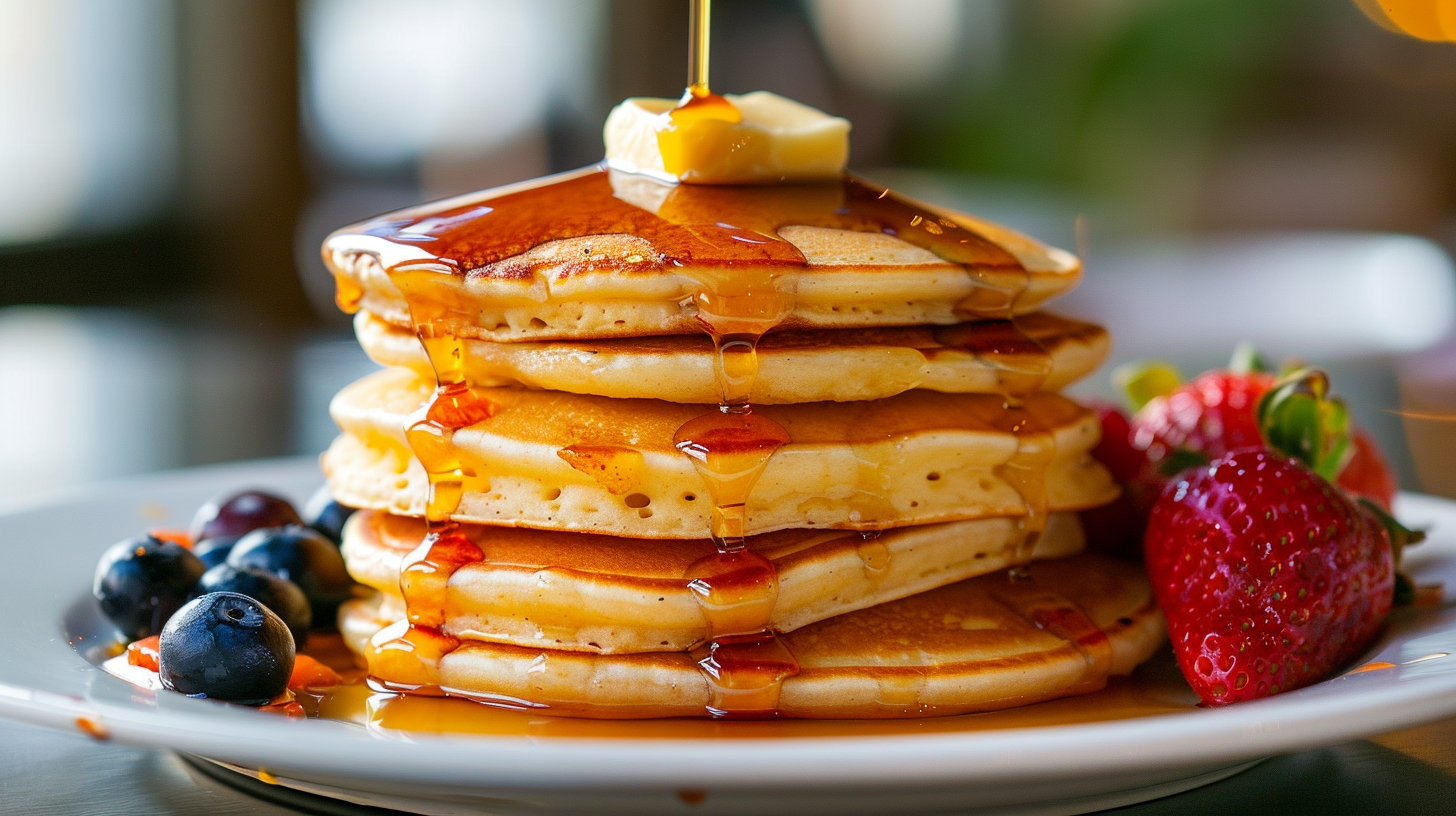 A stack of fluffy American pancakes with butter melting on top and maple syrup drizzling down the sides, served with fresh berries.