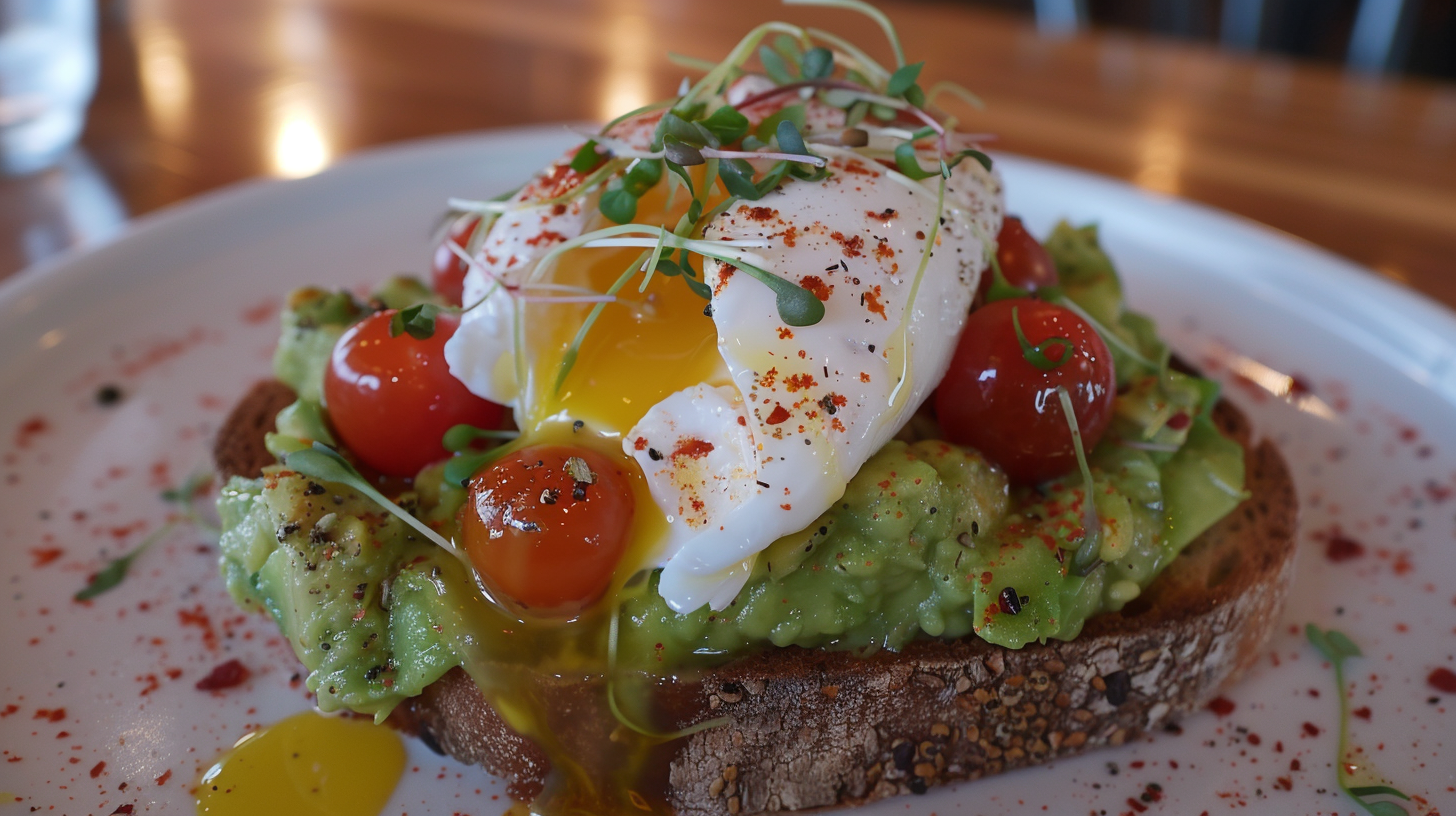 Avocado toast with a perfectly poached egg on crispy sourdough, garnished with cherry tomatoes, microgreens, and red pepper flakes.