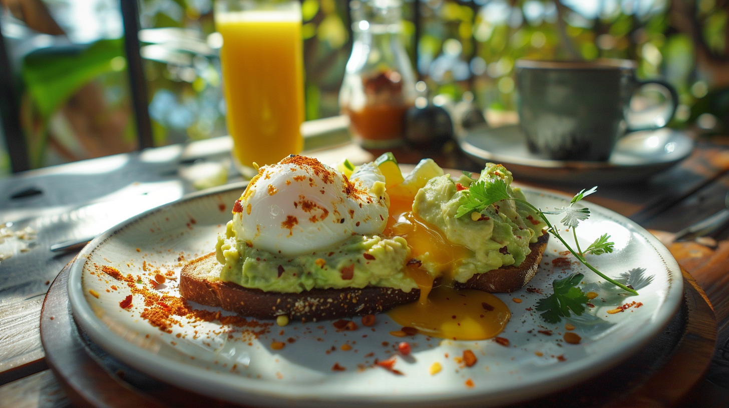 A delicious breakfast plate with whole wheat toast topped with creamy avocado and a perfectly poached egg, garnished with parsley and red pepper flakes.