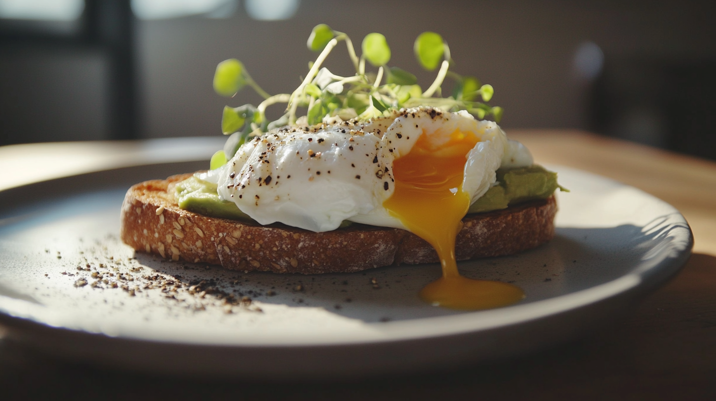 A perfectly poached egg on creamy avocado toast, served on whole grain bread with fresh greens and black pepper.