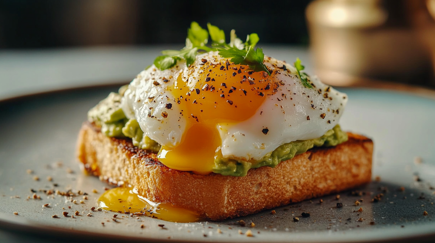 A perfectly poached egg made using the TikTok poached egg hack, served on avocado toast with a runny yolk.