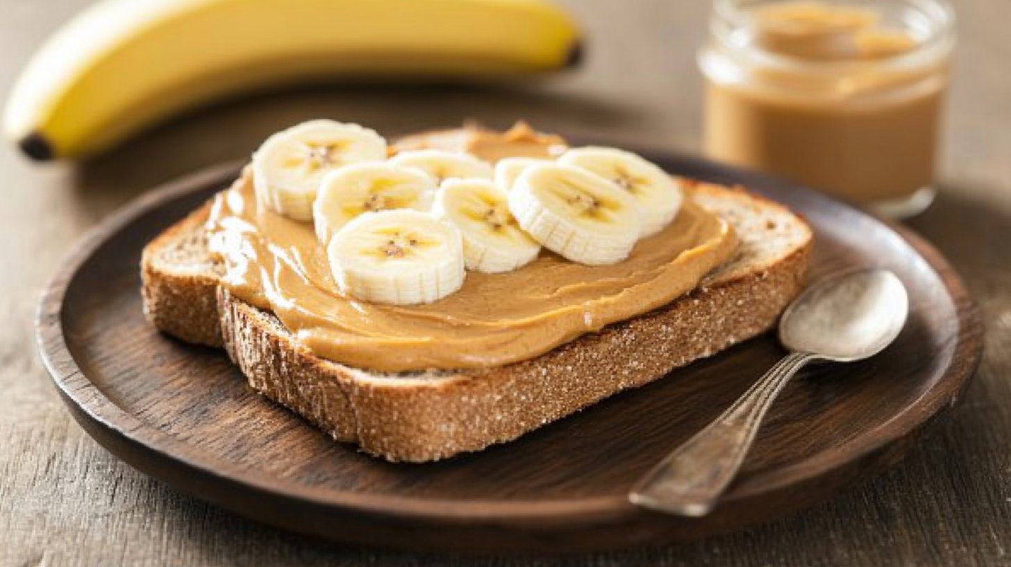 A slice of whole-grain toast spread with creamy peanut butter, topped with banana slices, served on a wooden plate.