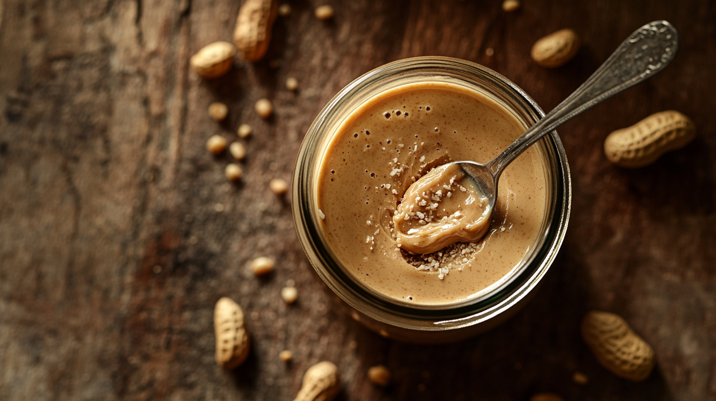 A jar of creamy peanut butter with a spoon on a rustic wooden table