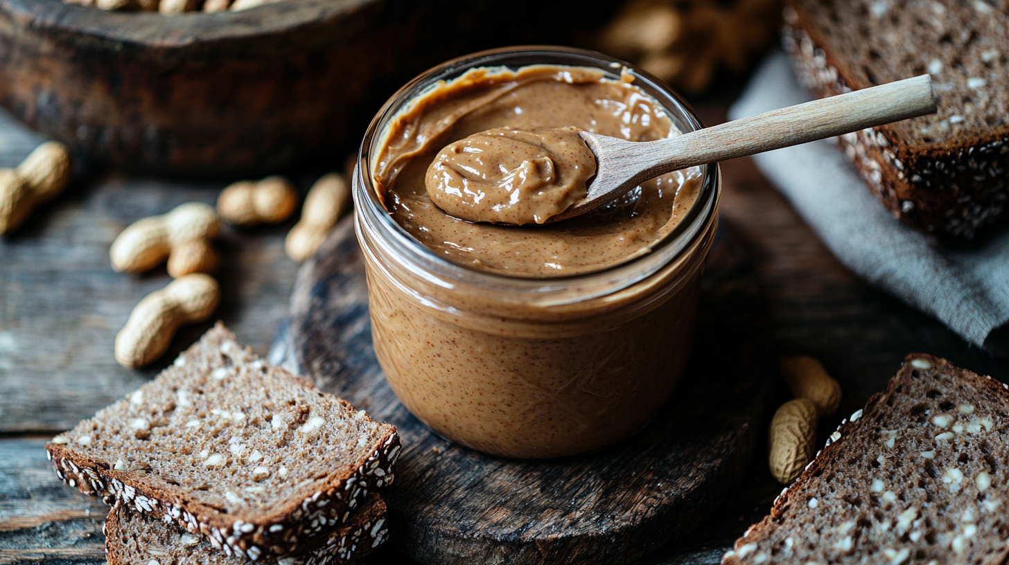 A jar of creamy peanut butter with a wooden spoon, surrounded by fresh peanuts and whole-grain bread on a rustic wooden table.