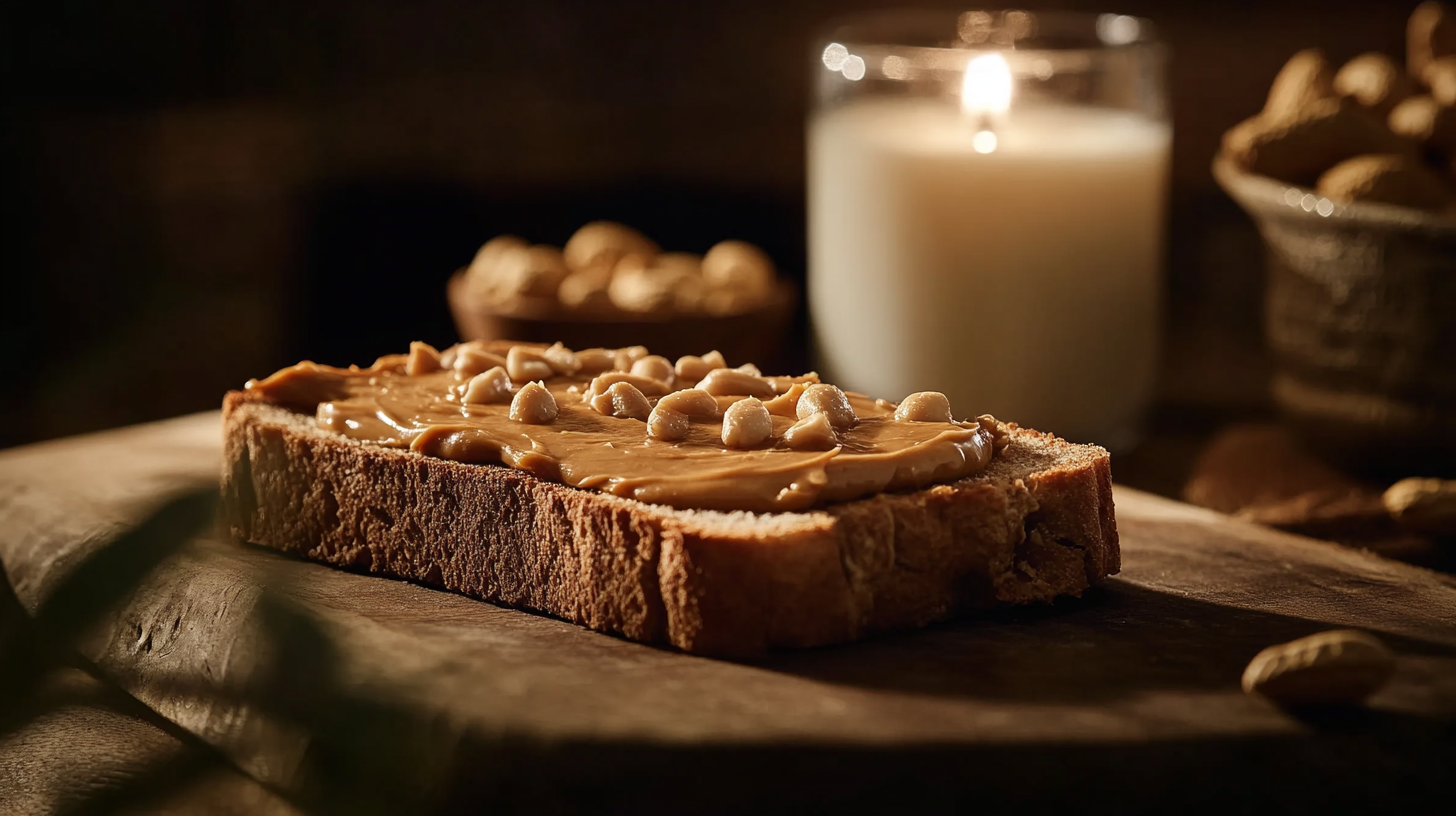 A slice of whole-grain toast with creamy peanut butter on a wooden cutting board, accompanied by a glass of milk and peanuts.