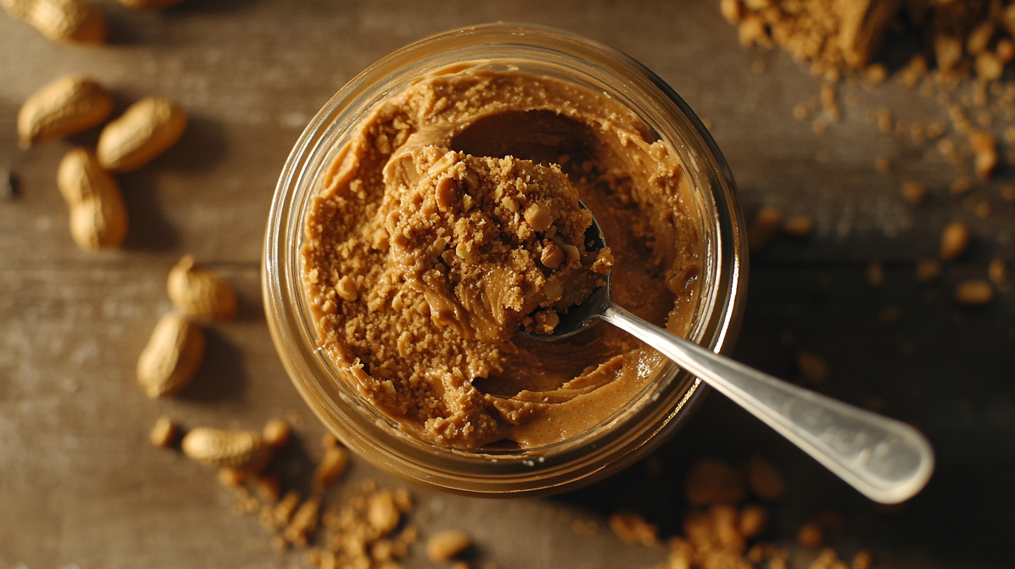 A jar of the healthiest peanut butter surrounded by raw peanuts, highlighting its natural and creamy texture.