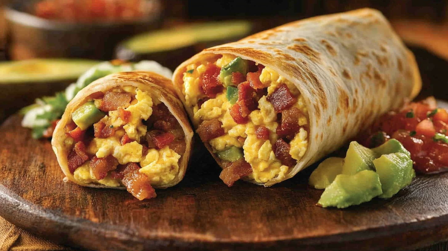 A freshly made breakfast burrito cut in half, filled with scrambled eggs, melted cheese, crispy bacon, and bell peppers, served on a wooden plate with salsa and avocado slices on the side.