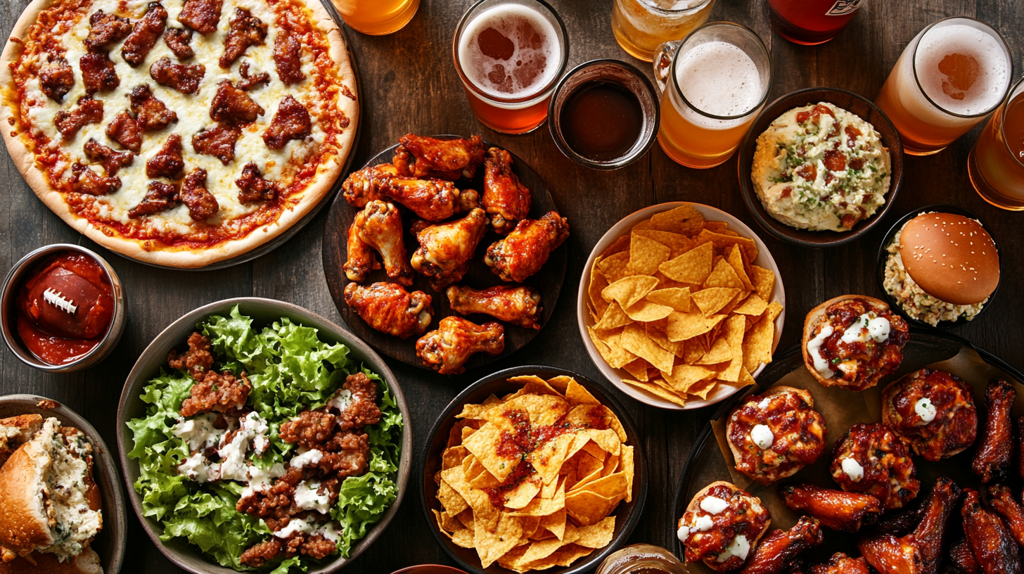 A delicious Super Bowl party food spread featuring wings, pizza, nachos, sliders, and dips on a game-day table.