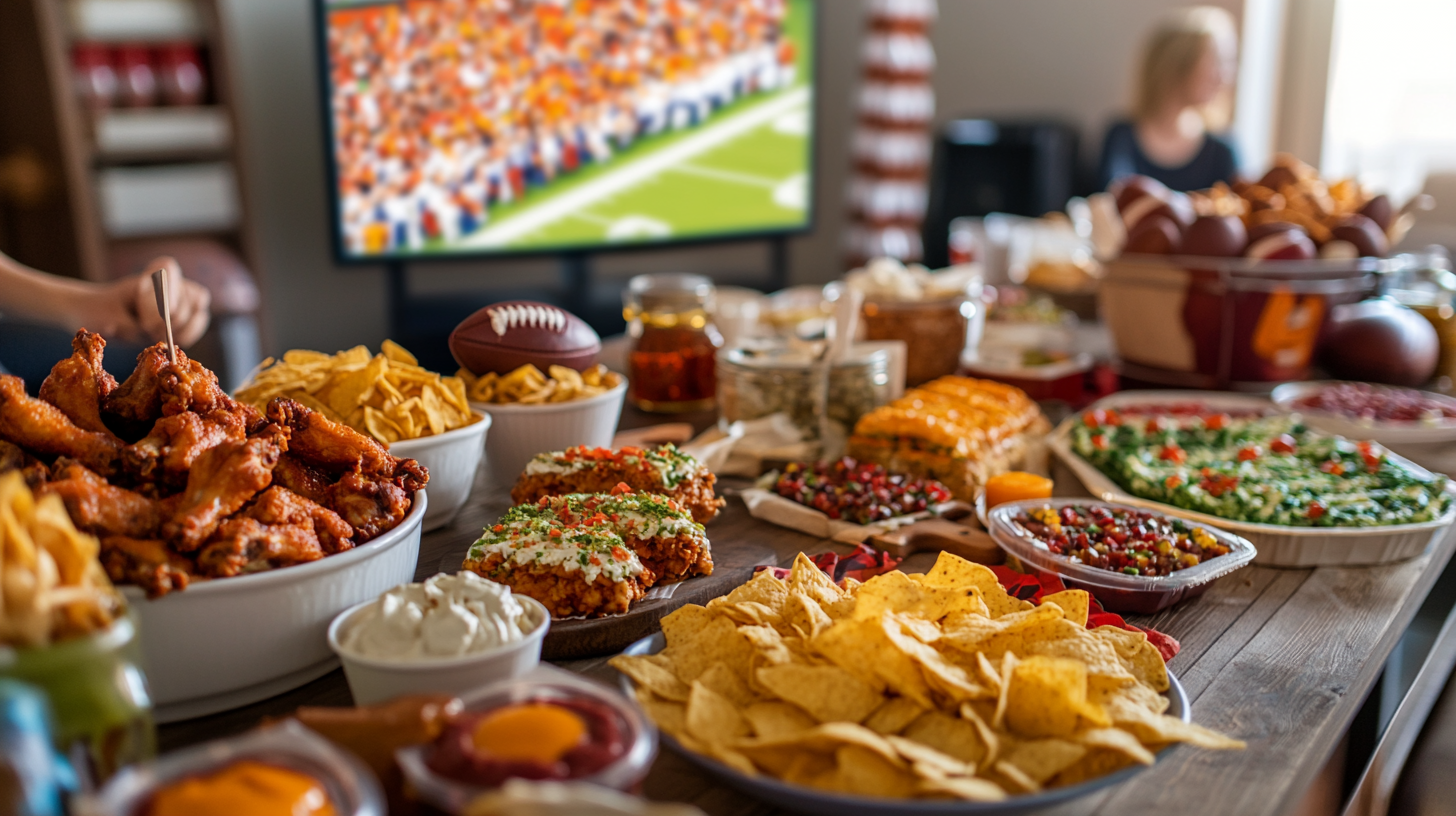 A delicious Super Bowl party spread featuring wings, nachos, sliders, and dips – perfect for game-day snacking.