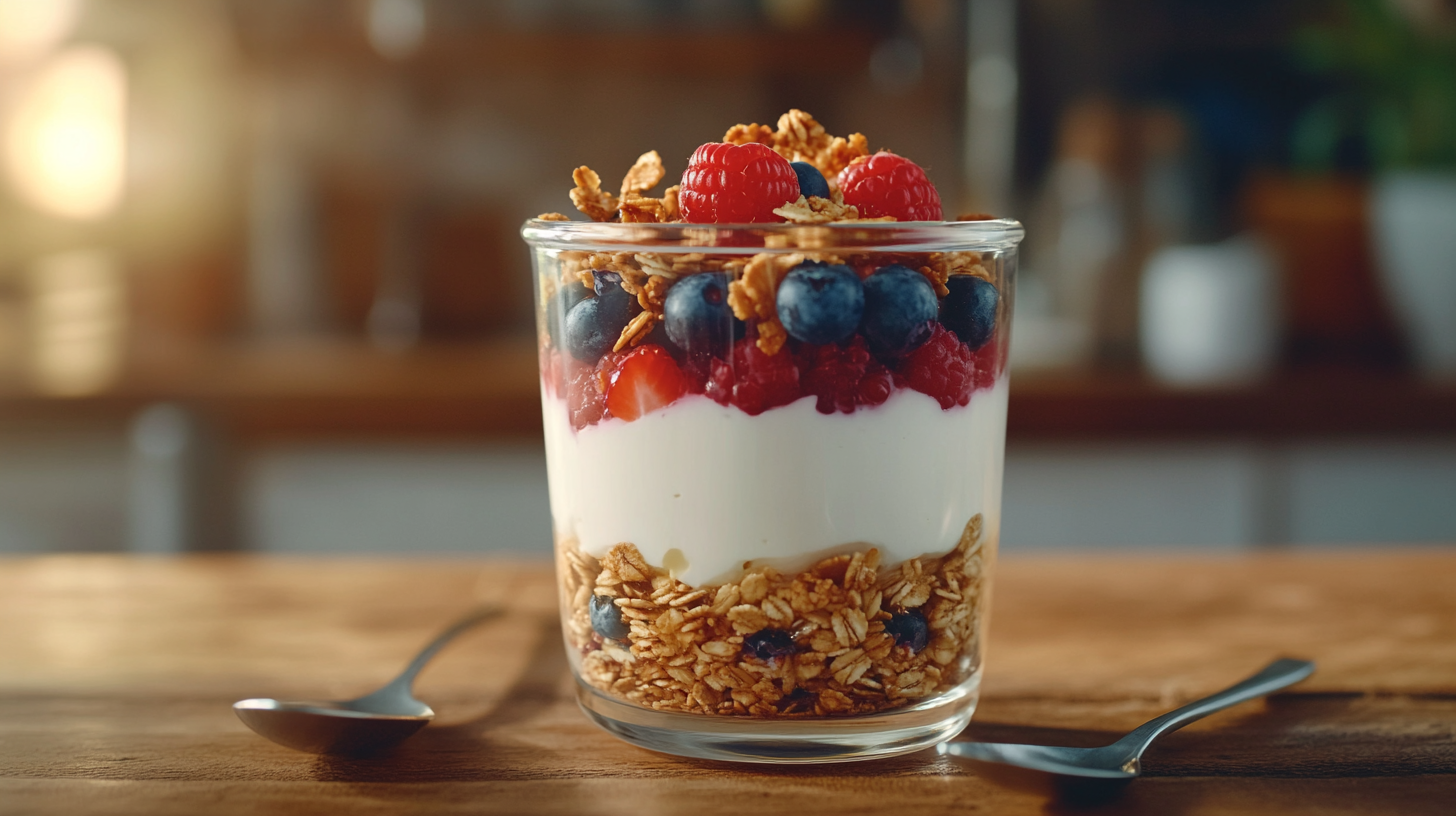 A beautifully layered Greek yogurt parfait in a glass jar, topped with fresh berries, granola, and honey, placed on a rustic wooden table.