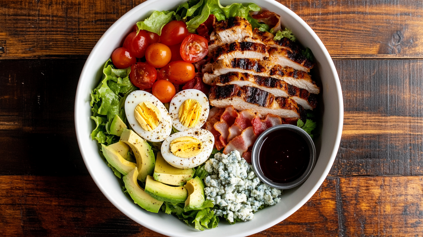 Overhead shot of a freshly made Cobb Salad with grilled chicken, crispy bacon, hard-boiled eggs, cherry tomatoes, avocado, blue cheese, and romaine lettuce, served in a white bowl with dressing on the side.