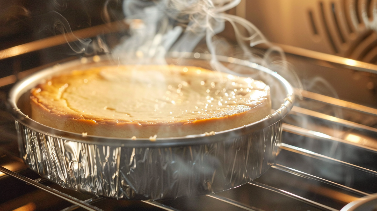 Perfectly baked New York cheesecake with a smooth texture and golden top.