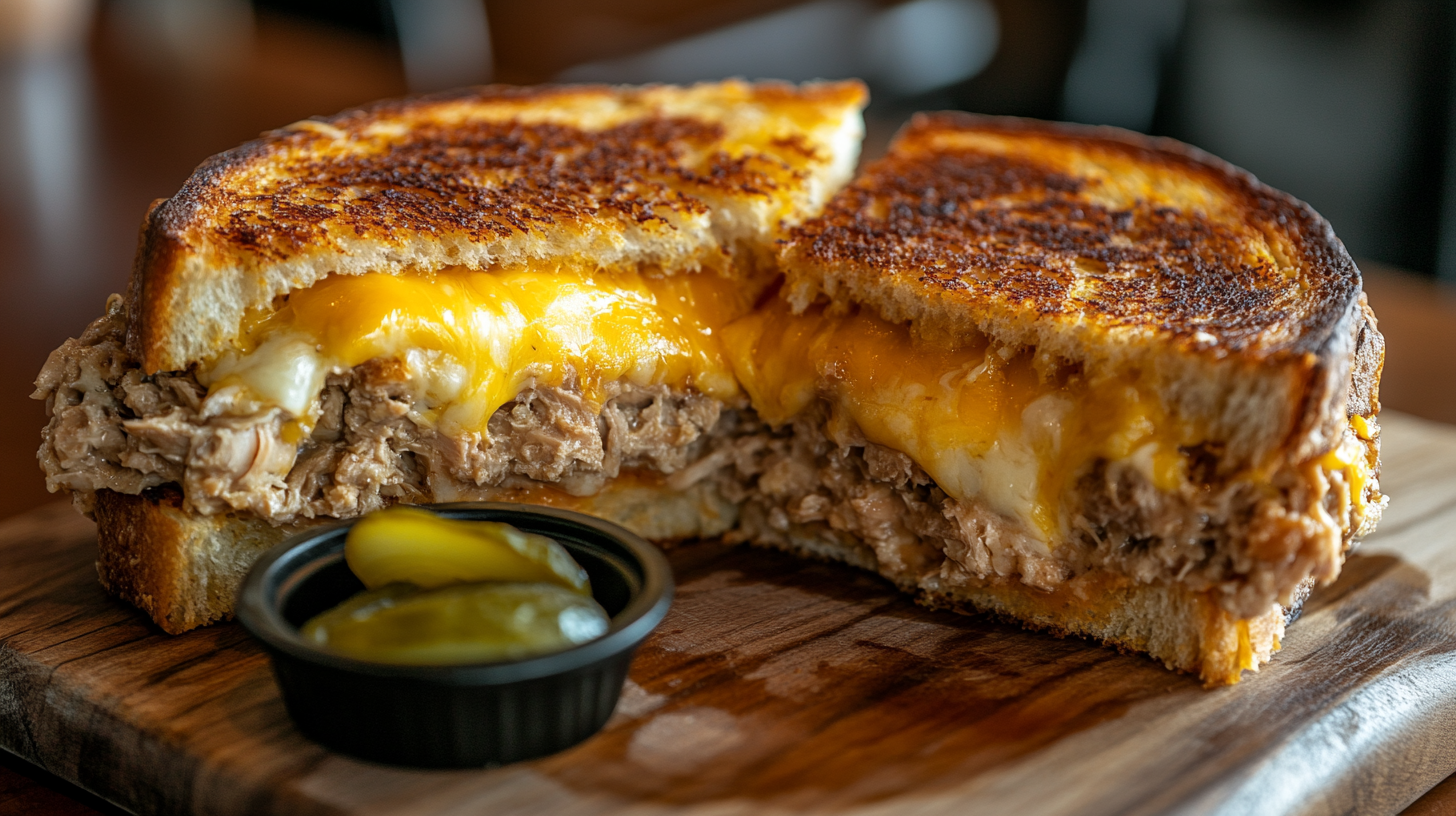 Golden, crispy tuna melt sandwich with melted cheese and tuna salad, served with pickles on a wooden cutting board