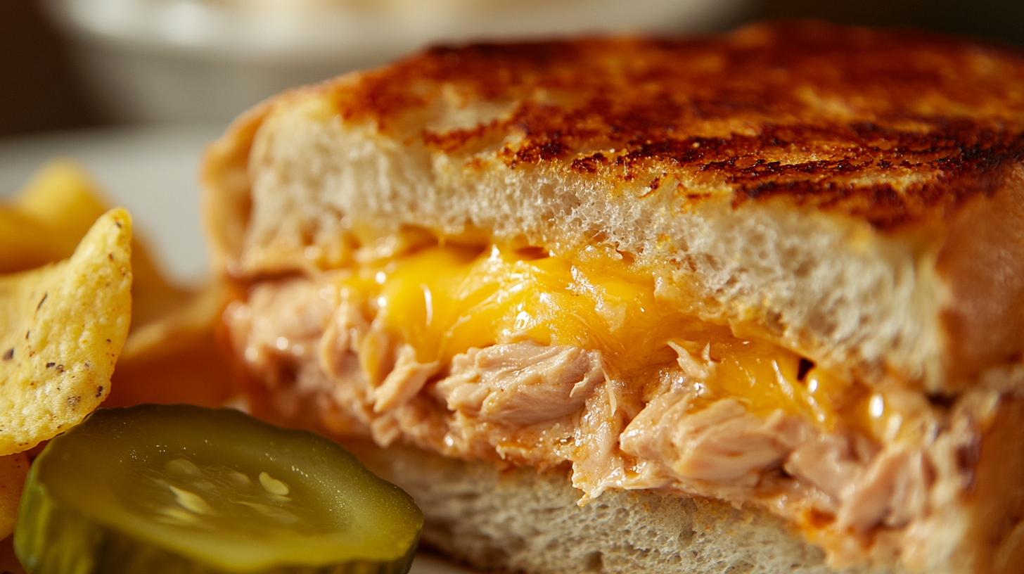 A perfectly grilled tuna melt sandwich with golden, crispy sourdough bread, melted cheddar cheese, and flaky tuna filling, served with chips and pickles.