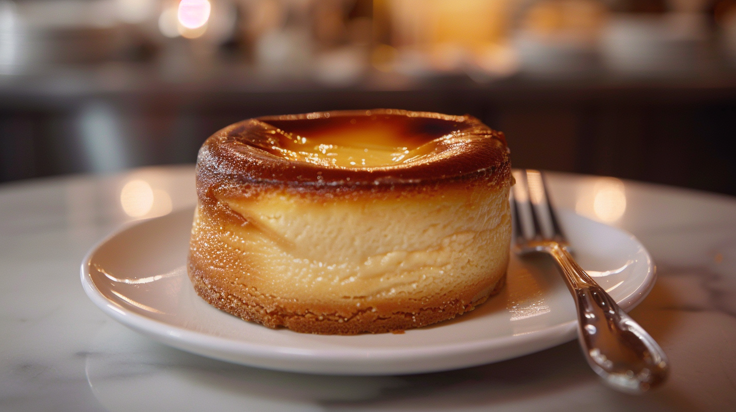 A classic New York cheesecake with a golden-brown crust and a creamy, smooth texture, served on a white plate.