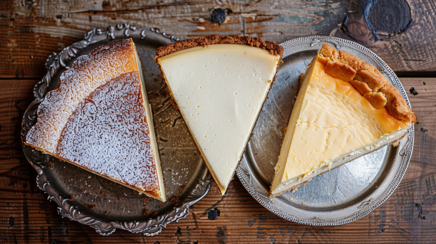 A trio of cheesecakes featuring New York, Italian, and Japanese styles, each showcasing its unique texture and crust.