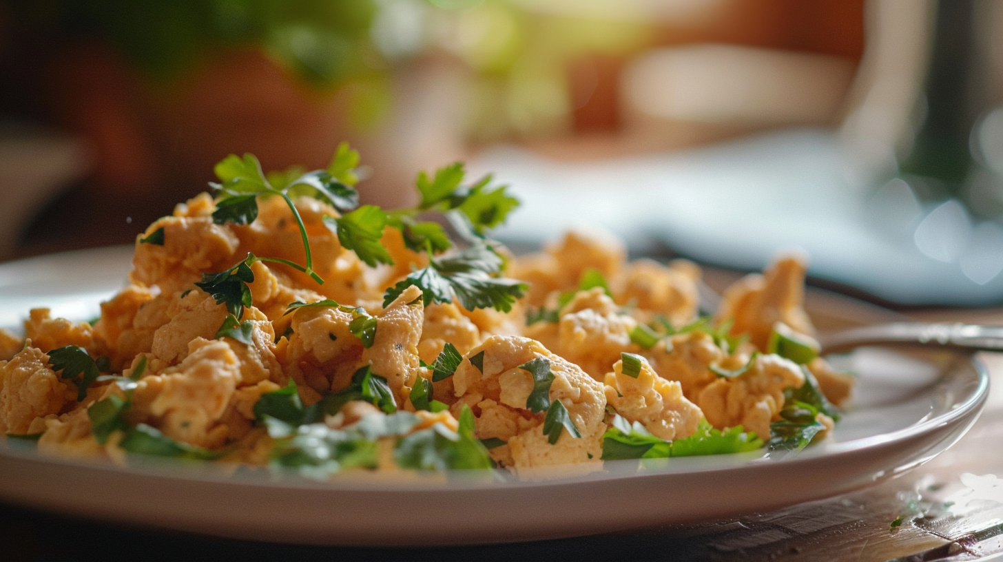 Scrambled eggs cooking in a pan with a wooden spatula – a simple and healthy breakfast in the making.