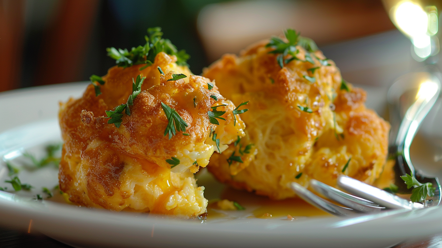 Two fluffy scrambled eggs served on a white plate, garnished with parsley, with a fork on the side.