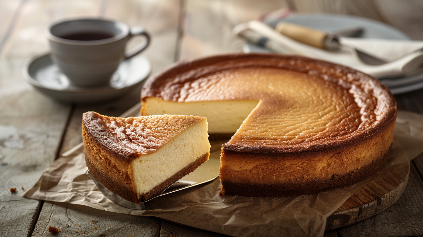 A whole New York Cheesecake with a golden graham cracker crust and a creamy, smooth filling, placed on a rustic wooden table.