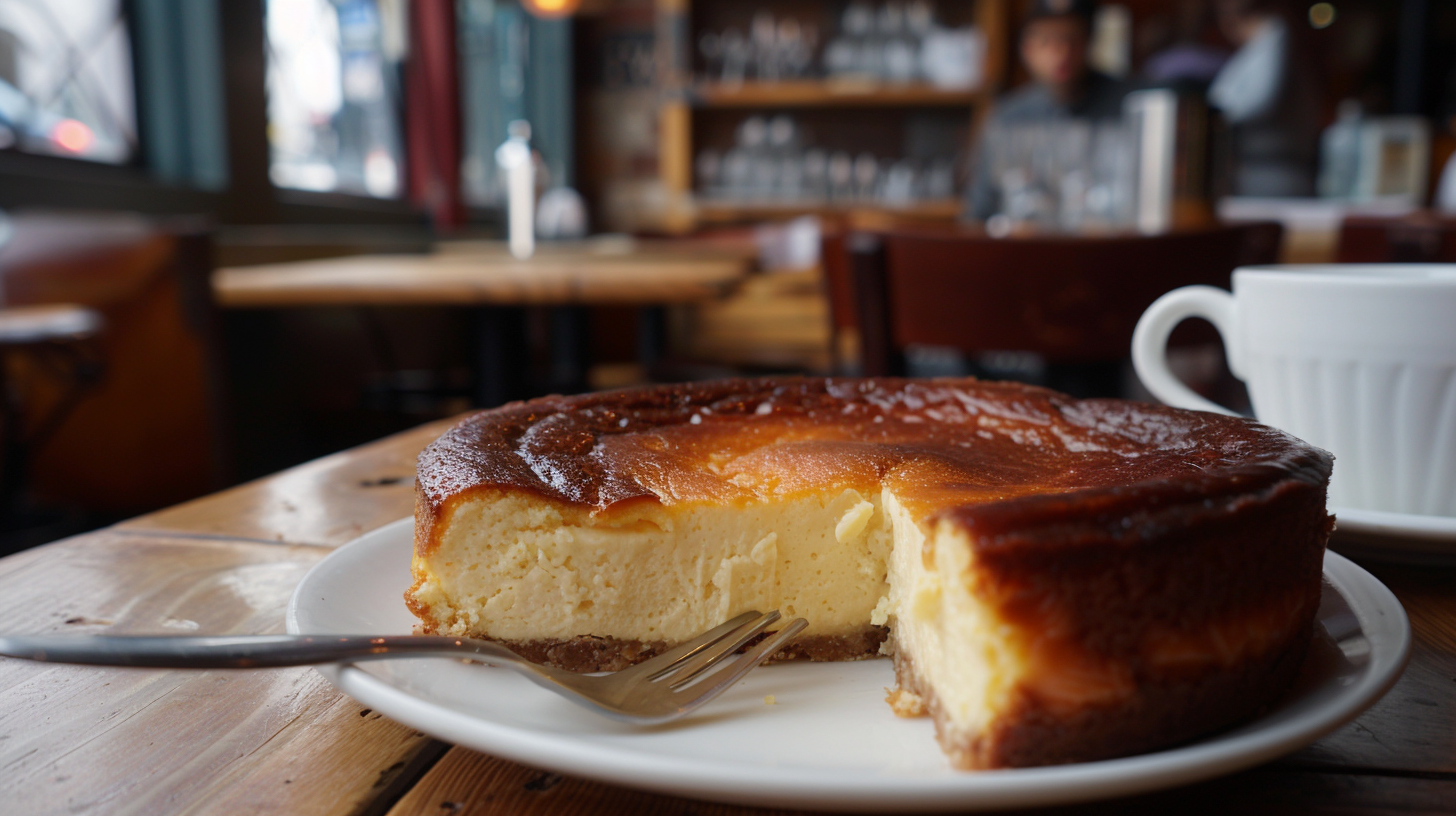 A classic Chicago-style cheesecake with a golden crust and a fluffy, creamy interior, served on a white plate.