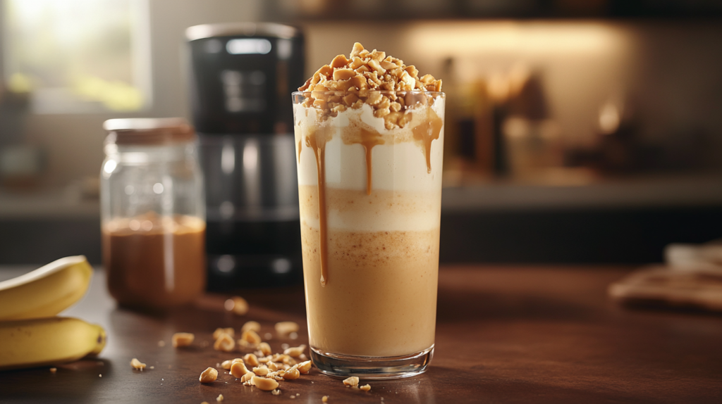 A tall glass of creamy peanut butter smoothie, topped with crushed peanuts and a drizzle of peanut butter, on a kitchen counter.