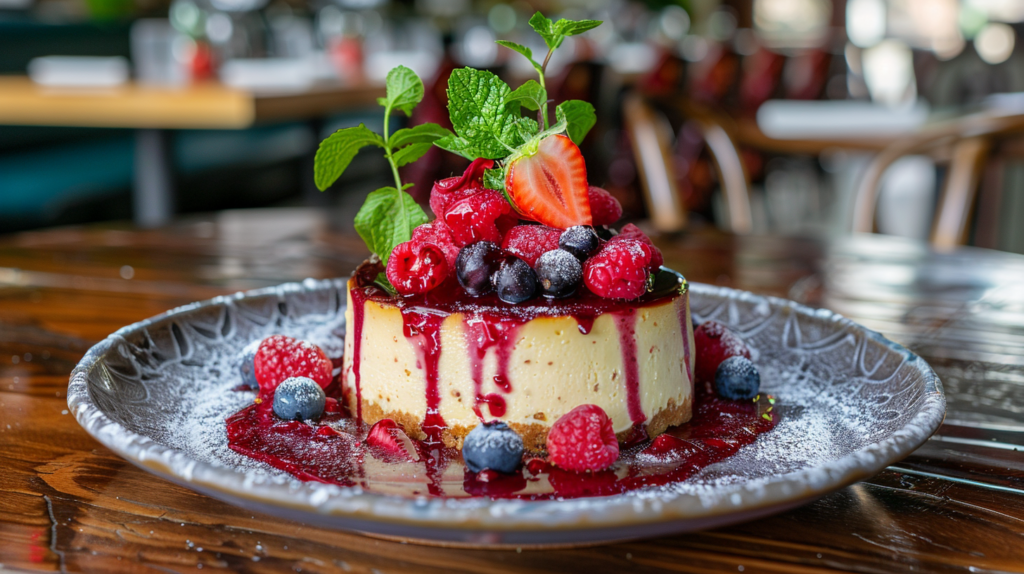 New York style cheesecake topped with fresh berries and a drizzle of fruit sauce.
