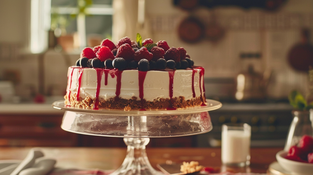 A light, airy no-bake cheesecake with a thick graham cracker crust, topped with fresh blueberries, raspberries, and raspberry sauce.
