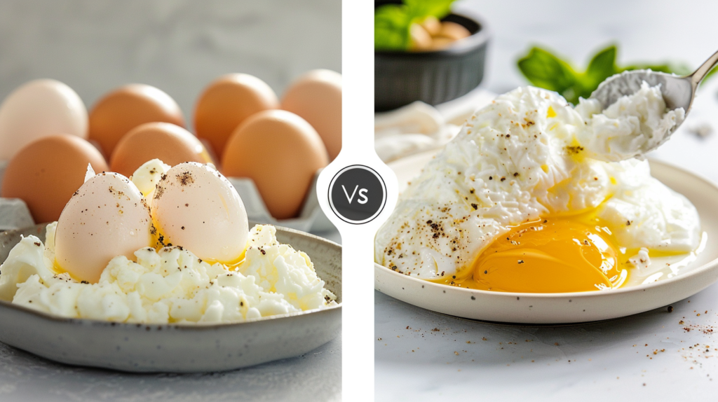 A side-by-side comparison of the best and worst egg cooking methods, showing boiled and poached eggs as healthy choices and deep-fried eggs as less healthy.