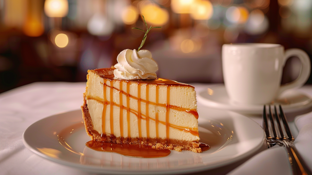 A slice of New York Cheesecake drizzled with caramel sauce, garnished with whipped cream, on a white plate with a fork beside it.