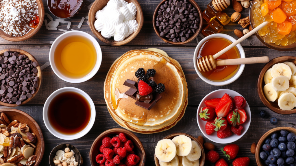 An assortment of American pancake toppings including maple syrup, chocolate chips, whipped cream, fresh berries, and honey.