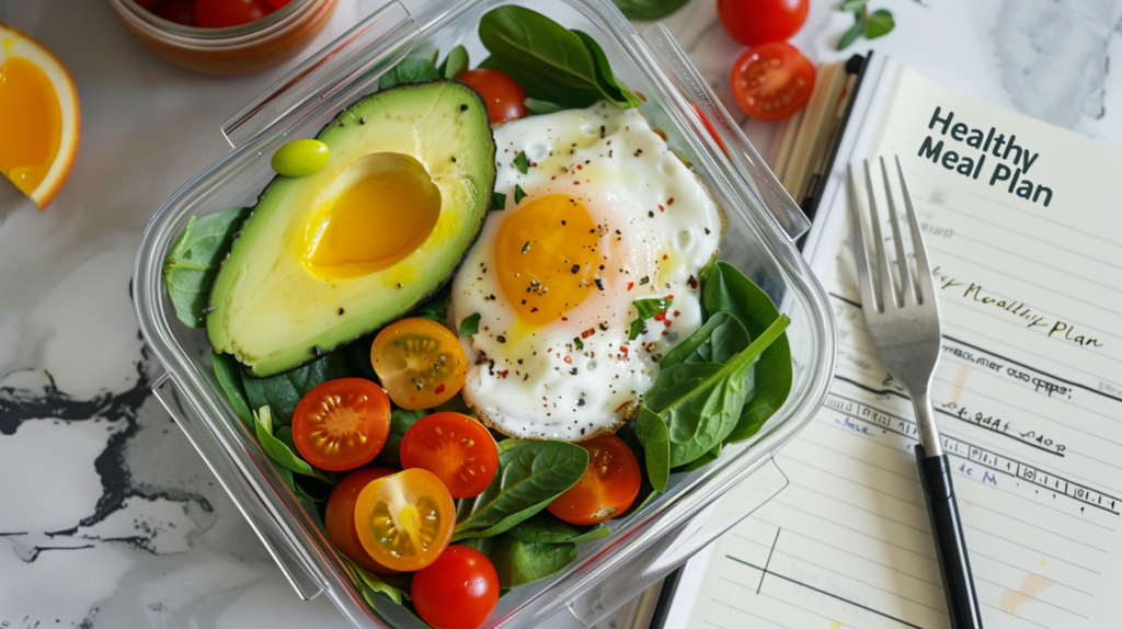 A healthy meal prep container with avocado slices, a poached egg, cherry tomatoes, and spinach, perfect for weight management and balanced nutrition.