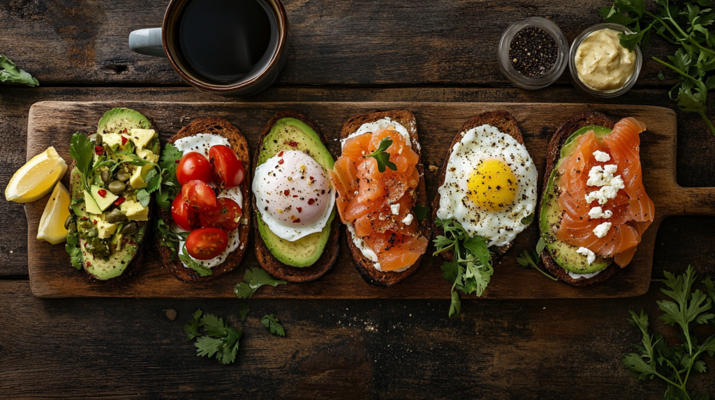 Three variations of avocado toast: one with poached egg and chili flakes, another with smoked salmon, and a third with feta and tomatoes.