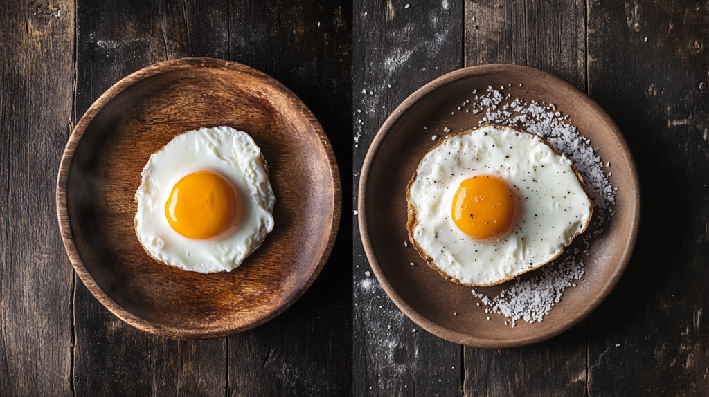 A side-by-side comparison of a TikTok poached egg vs. a traditionally poached egg.