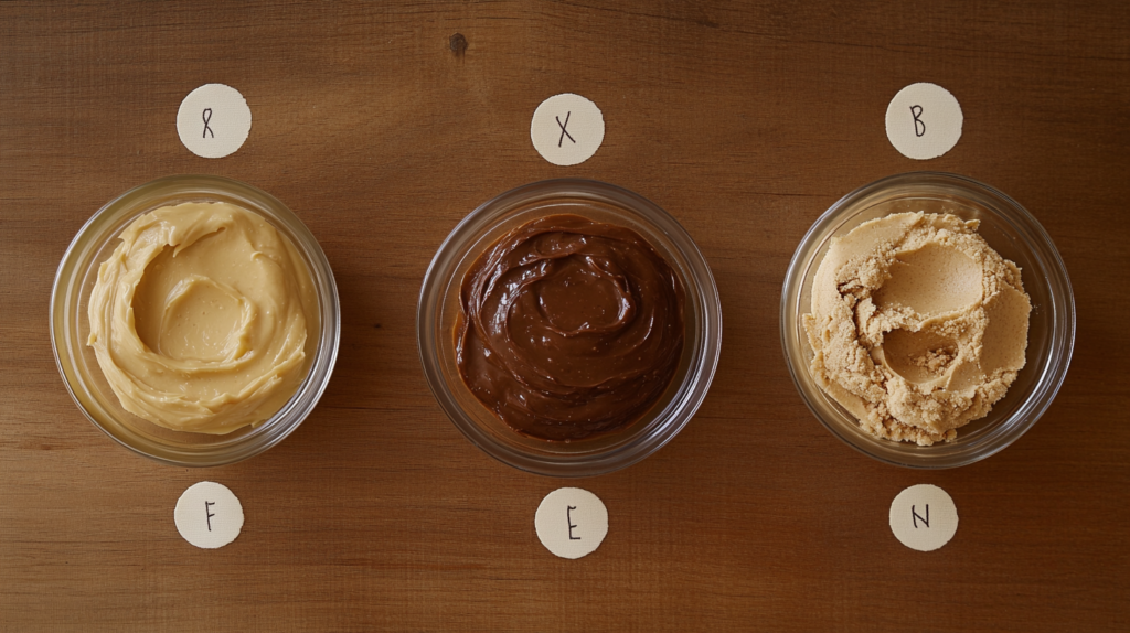 Different types of nut butters—peanut, almond, and cashew—in small glass bowls on a wooden surface