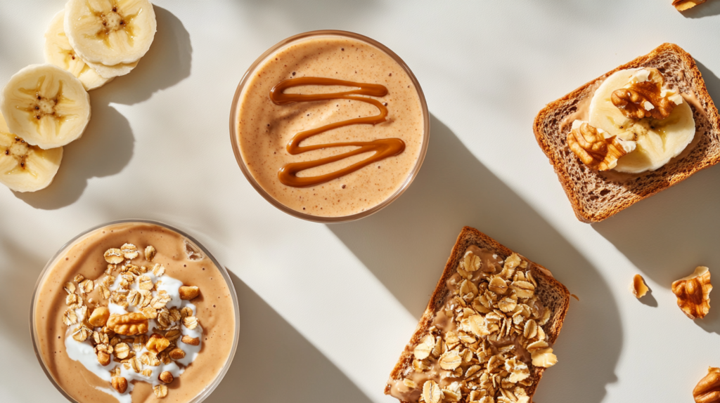 A variety of healthy peanut butter serving ideas, including a smoothie, banana slices with peanut butter, oatmeal with peanut butter drizzle, and a sandwich.