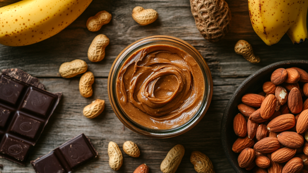 A flat lay of peanut butter in a jar, whole peanuts, bananas, almonds, and dark chocolate on a rustic wooden surface, highlighting key nutrients.