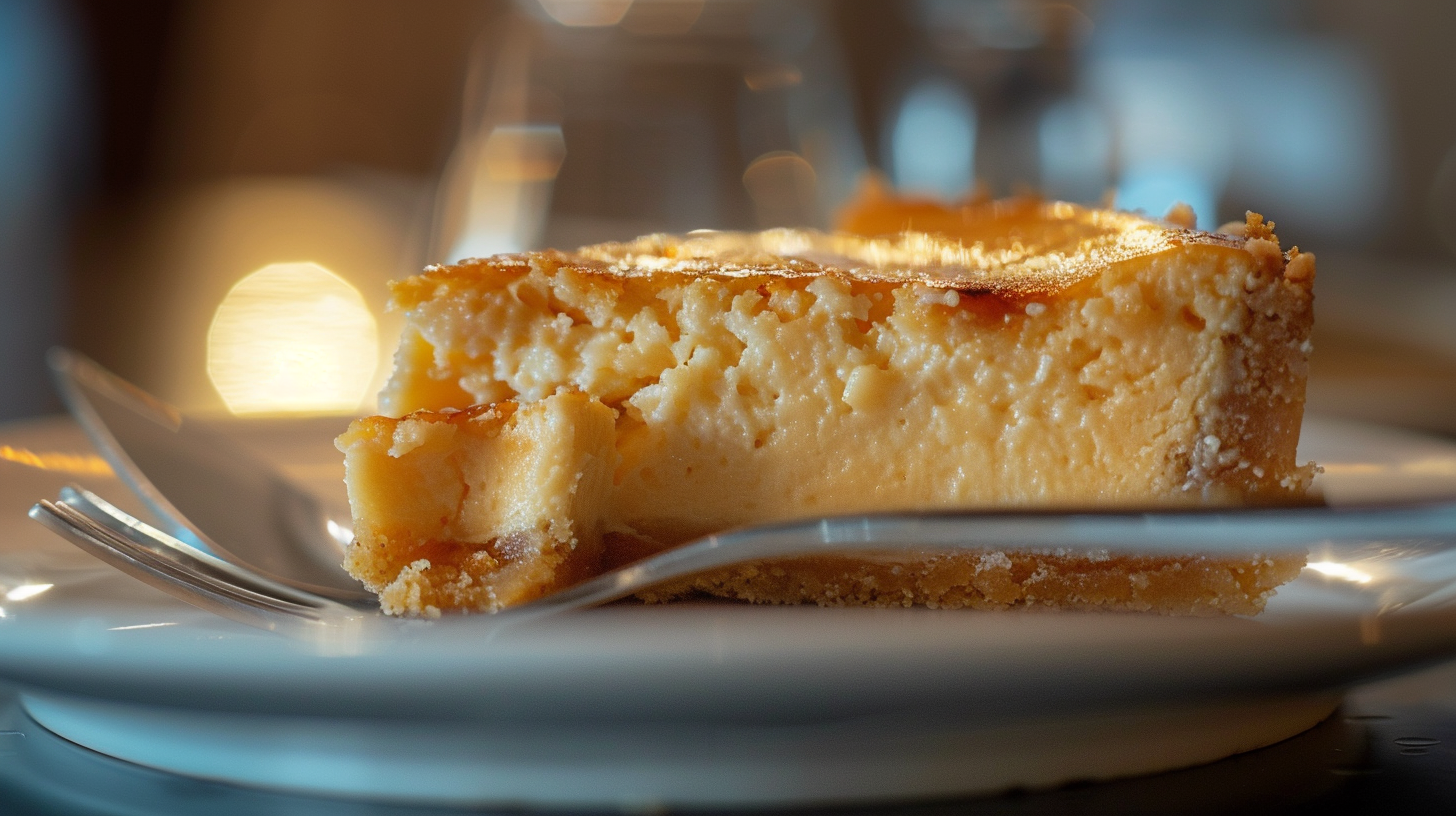 A slice of creamy New York style cheesecake with a golden crust on a white plate.