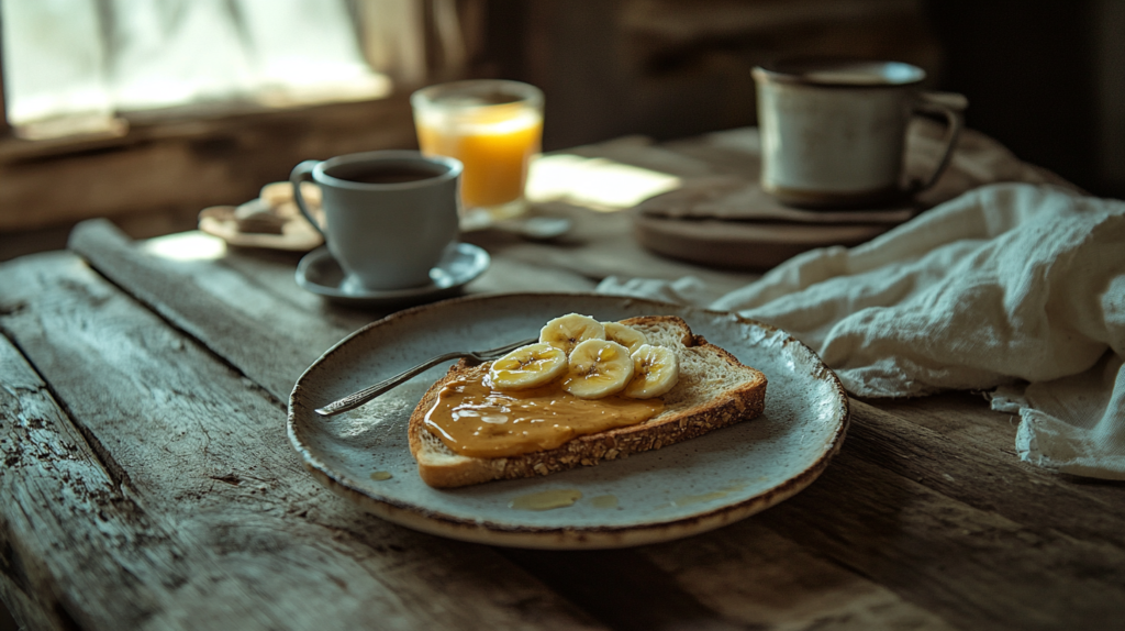 A healthy breakfast featuring peanut butter spread on whole grain toast with banana slices and honey