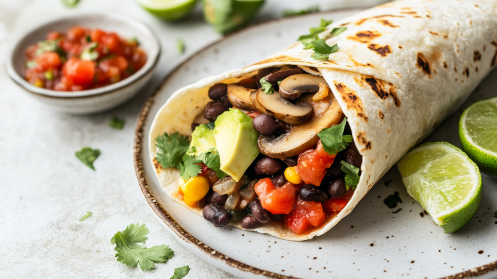 A vegan breakfast burrito with black beans, sautéed mushrooms, diced tomatoes, avocado slices, and dairy-free cheese, served on a white plate with cilantro and a lime wedge.