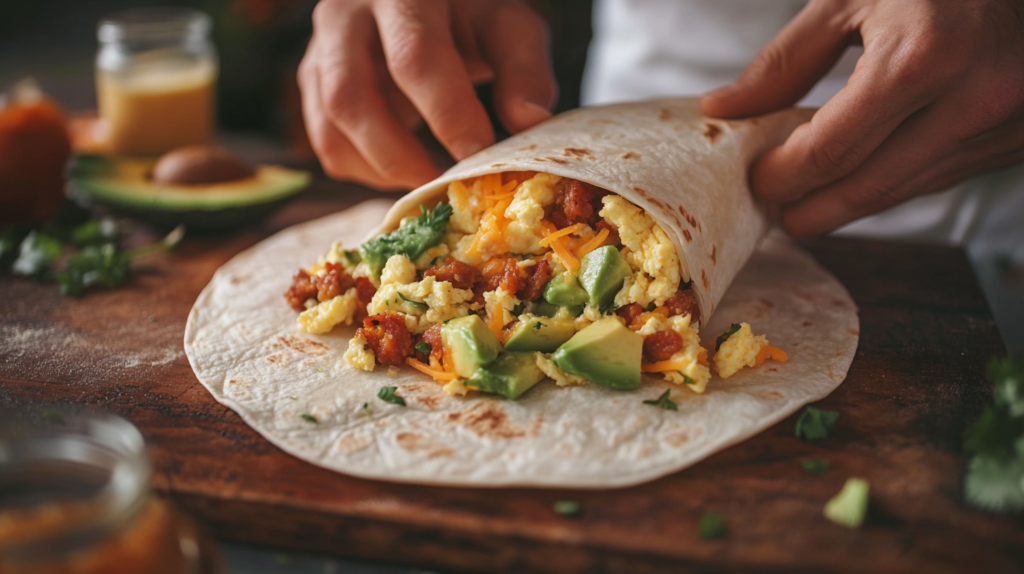 A close-up of a breakfast burrito being assembled with scrambled eggs, crispy hash browns, shredded cheese, diced avocado, and cooked chorizo on a warm tortilla, with a chef’s hands folding it.