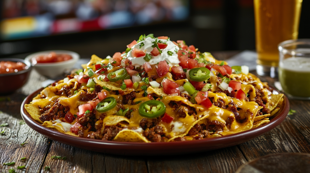 A plate of fully loaded nachos with cheese, jalapeños, guacamole, and sour cream for Super Bowl Sunday.